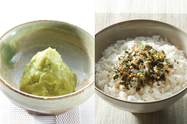 まるでおろし立て。静岡県産わさびの「おろし本わさび」と、あられのサクサク食感に鰹節と海苔の風味が調和する「わさびふりかけ」