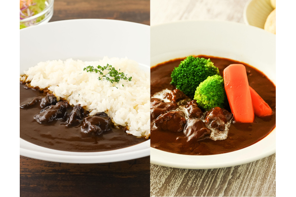 ゴロッと肉厚な「知多牛ブラックカレー&ビーフシチュー セット」と、新感覚の「スプーンで食べる とろーりなめらかおはぎ」
