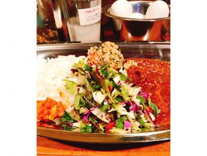 ポークビンダルーは辛味と酸味が同居する豚肉のカレーで、インド・ゴア（店名のヒント）地方の名物らしい。 カレーとライスの間には、チョップサラダとクスクスが横たわっている。