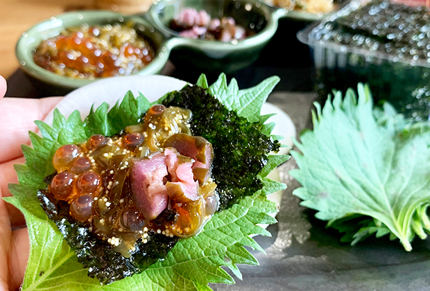 『三陸海宝漬』の旨味に、大根のシャキシャキ感、しそと韓国海苔の香り+薬味の風味が、良いバランス過ぎて、ちょっと飲み過ぎますよー。