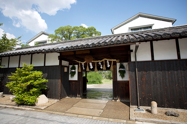 神戸酒心館の堂々たる長屋門。軒下には「よいお酒ができますように」との願いが込められた杉玉が吊り下げられています。